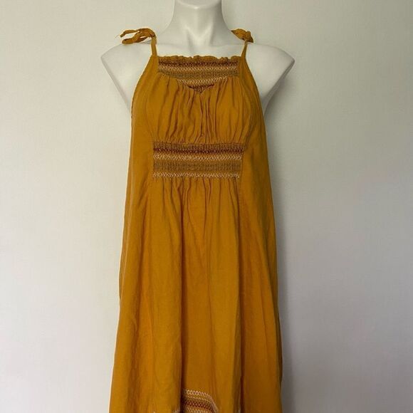 Free People Another Love Smocked Marigold Midi Dress Linen - Picture 8 of 14